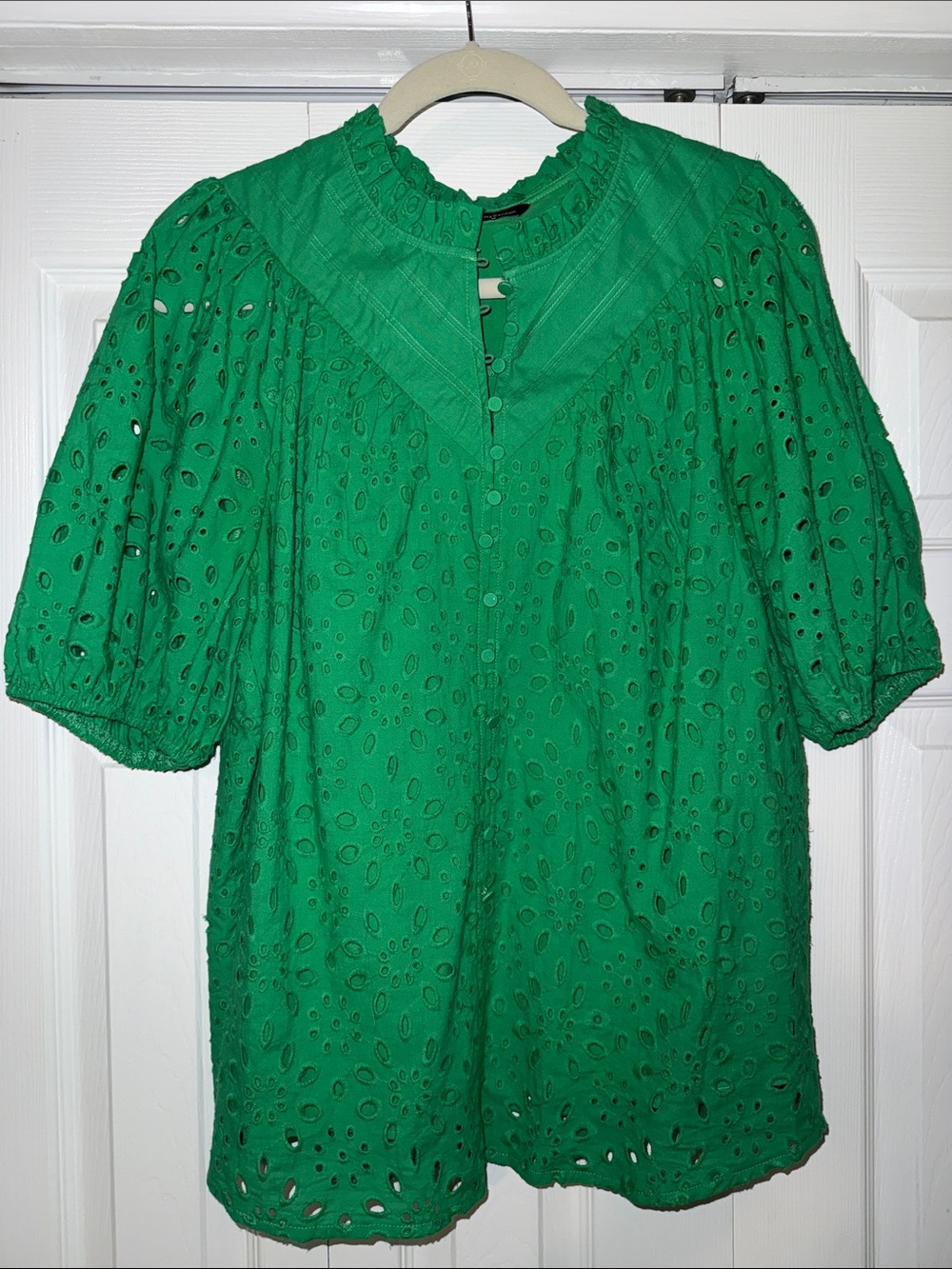 Green Eyelet Peasant Blouse with Puff Sleeves